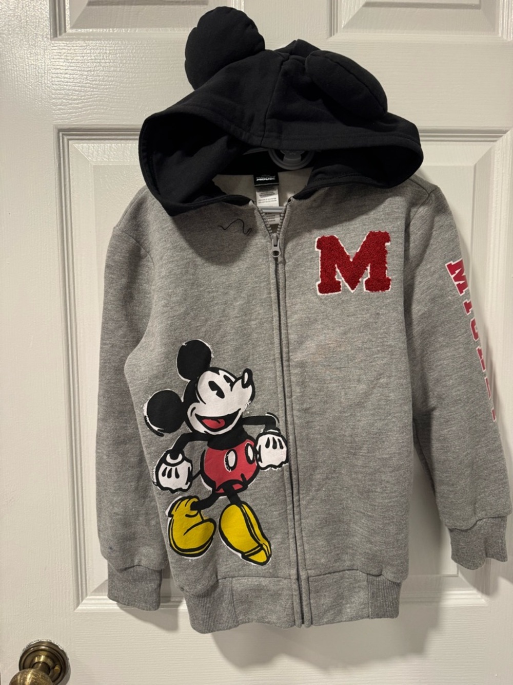 Disney Gray Mickey Mouse Zip Hoodie with Black Hood & Ears Size 6/7